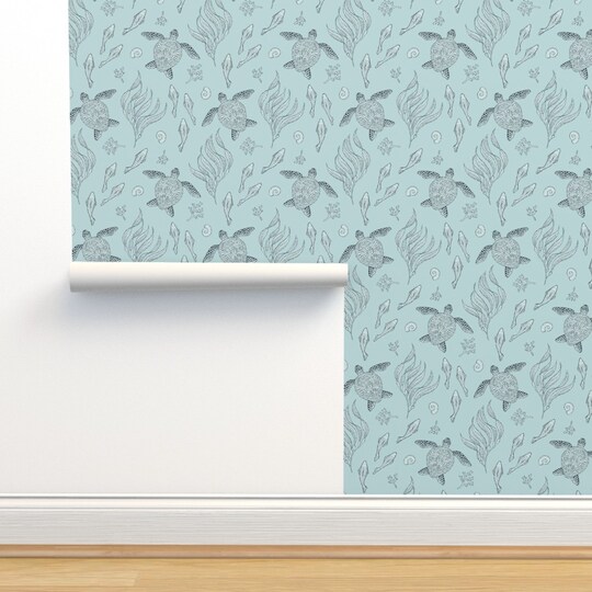 Blue Aqua Hand Drawn Ocean Sea Turtles Seaside Beach Coastal Fish Large Scale House Chic Custom Removable Wallpaper by Spoonflower Peel & Stick Wallpaper 2FT Wide
